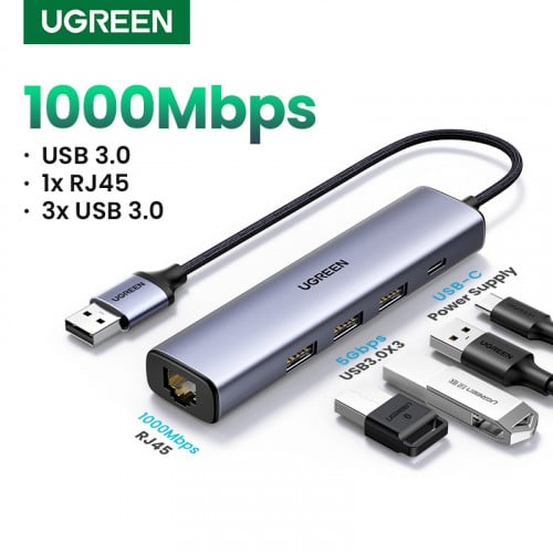 UGREEN USB3.0 to 3×USB3.0 +RJ45 (1000M)+USB-C  Adapter 60554