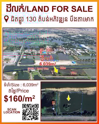 ដីលក់ ជិតផ្លូវ 130 តម្លៃ $160/m2