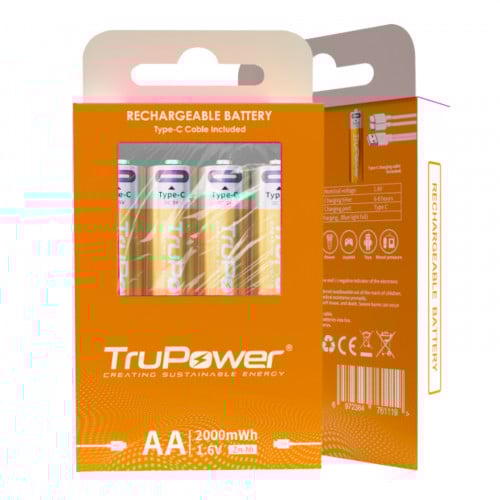 TruPower AA Zn Ni USB-C Rechargeable Battery, 2000mWh. Set include 4 batteries, case, 2in1 cable,box