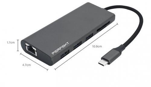 Perfekt USB-C Premium 9 Port Hub USB 3.0 x 3/ HDMI (4K)/ VGA/ RJ45 /SD/TF/ PD
