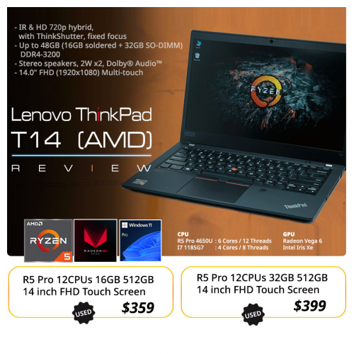 ThinkPad T14 Gen 1 (AMD Pro) $399 - 32GB 512GB 14" FHD Touch, Backlit