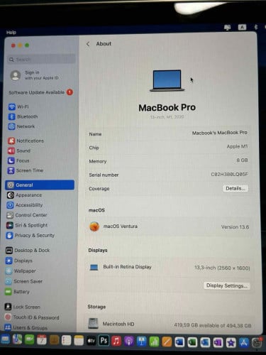 🎉លក់ Macbook M1 2020 13inch RAM 8GB , Storage 500GB