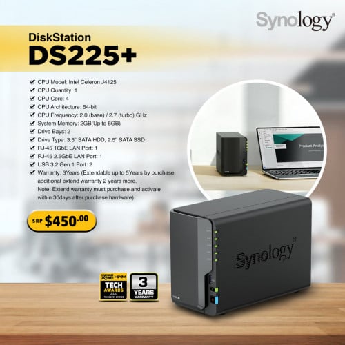 Synology DiskStation DS225+ 2Bays NAS, RAM 2GB(Up to 6GB)
