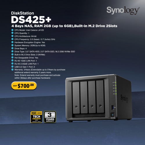 Synology DiskStation DS425+ 4 Bays NAS, RAM 2GB (up to 6GB),Built-in M.2 Drive 2Slots