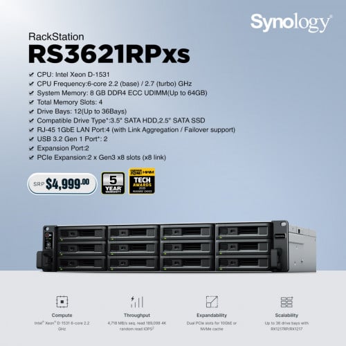 Synology RackStation RS3621RPxs 12Bays NAS(Up to 36Bays),RAM 8GB(Up to 64GB),Redundant power