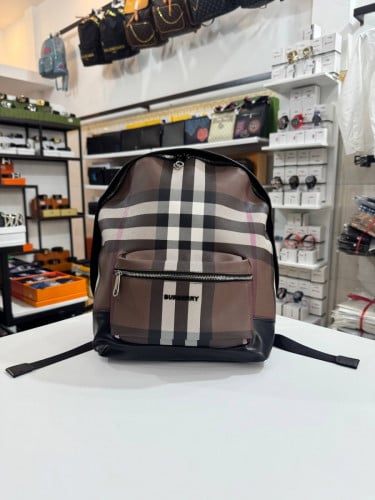 Burberry Dark Birch Brown Dark Check And Leather Backpack (replica)