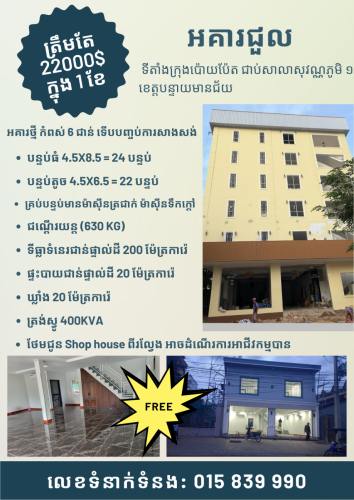 អគារថ្មី សម្រាប់ជួលកណ្ដាលក្រុងប៉ោយប៉ែត Free Shop House 22000$/១ខែ