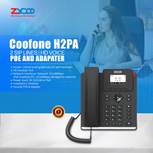 Zycoo Coofone H2PA 2 Sip Lines | HD Voice | POE and Adapter