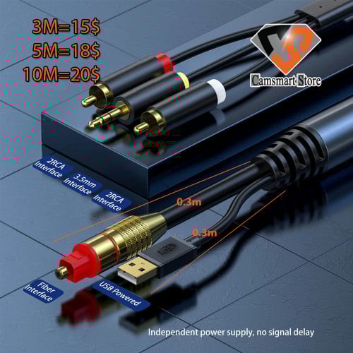 Digital Fiber Optical to Analog 2RCA+3.5mm Jack Stereo Audio Cable with USB power supply