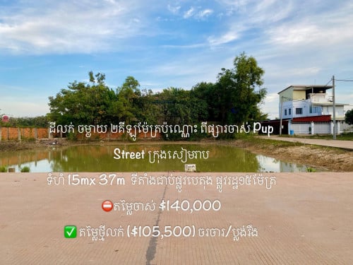 ដីលក់ ទំហំ 15mx 37m ចម្ងាយ ២គីឡូម៉ែត្រប៉ុណ្ណោះ ពីផ្សារចាស់ Pup Street ក្រុងសៀមរាប
