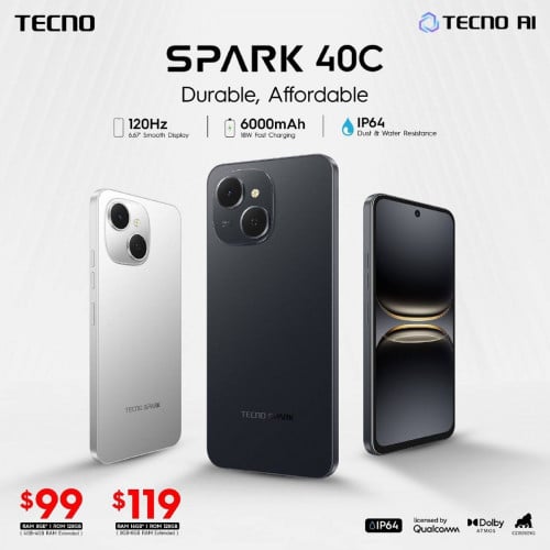 Tecno Spark 40C (4GB+4GB/128GB) និង (8GB+8GB/128GB), ថ្មីធានា1ឆ្នាំ