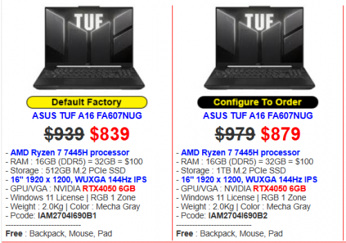 ASUS TUF A16 FA607NUG : $939 >> $839