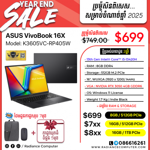 Asus Vivobook K3605VC-RP405W i5-13420H 8GB 512GB RTX3050 4GB