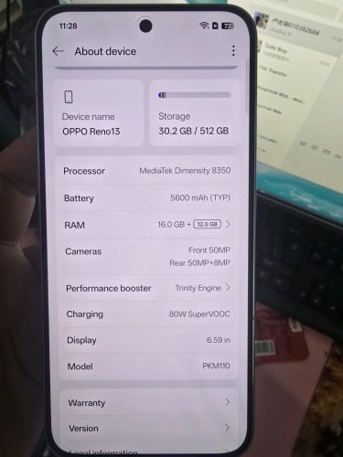 Oppo Reno13(5G) CH Ram16+12 store 512G