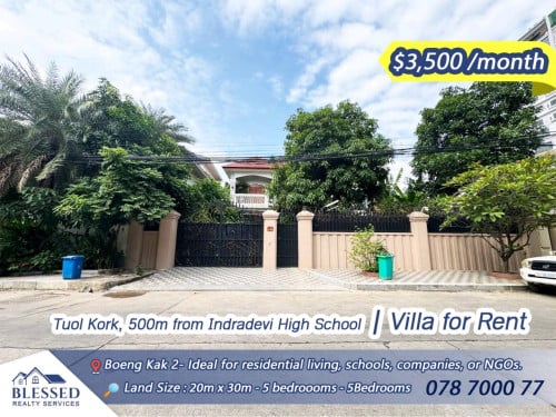 Tuol Kork, 500m from Indradevi High School 🏠  Villa for Rent 🏠