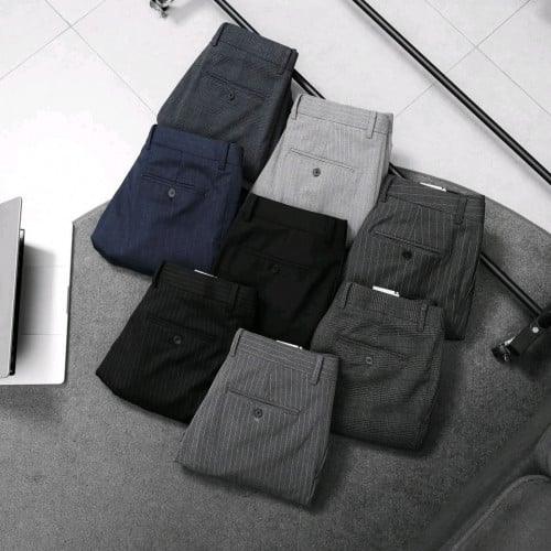 ខោសាច់ក្រណាត់ ខ្មៅនឹង ឆ្នូត ជើងស្ទើរ ជើងស្មើរ សាច់ទនយឺត20%ម៉ូតពណ៌ដូចរូបចង្កេះលេខ 29-30-31-32-34-36