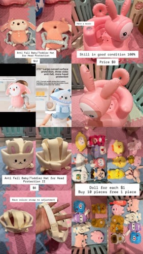 All of baby/toddler stuff, baby chair, anti fall baby/toddler hat for head protection, and doll