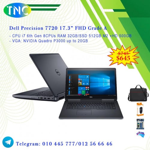 Dell Precision 7720 17.3” FHD - CPU i7  8CPUs RAM 32GB/SSD 512GB M2 VGA NVIDIA P3000