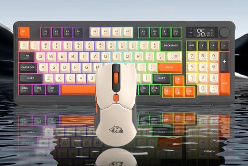 Keyboard Mouse Bluetooth មានភ្លើងពណ៍ចំរុះ មានលេខភាគរយថ្ម មាន volume មួលឡើងចុះសំលេង