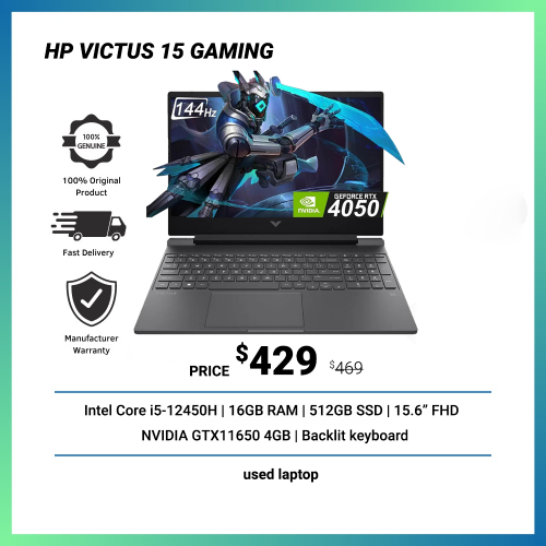 Hp victus 15 : i5-12450H 16GB 512GB 15.6" FHD GTX1650 4GB = $429