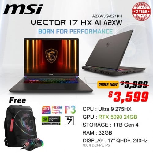MSI Vector 17 HX AI A2XWJG-021KH, $3599 >> $2999