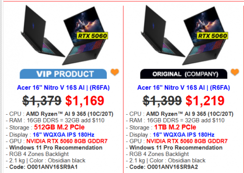 Acer 16" Nitro V 16S AI   Price : $1,399 >> $1,219
