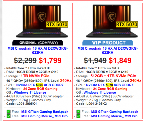 MSI Crosshair 16 HX AI D2XWGKG Price : $2,299 > $1,799 >> $1749
