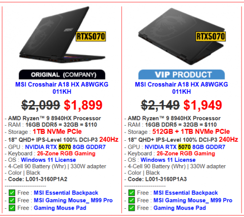 MSI Crosshair A18 HX A8WGKG Price : $2,099 > $1,899 >> $1849