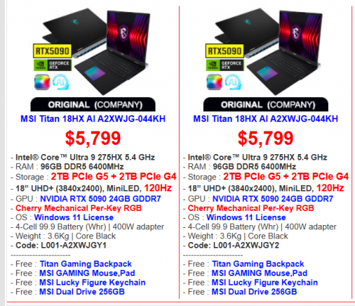 MSI Titan 18HX AI A2XWJG Price : $5999 >$5,799 >> $5399