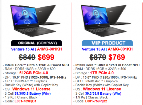 MSI Venture 15 AI | A1MG Price : $849 > $699 >> $689
