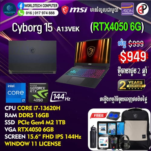 Cyborg15 A13VEK i7-13620H Ram 16G M2 1TB RTX4050 6G 15.6" 144Hz New=949$