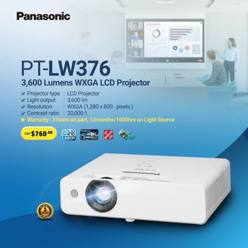 Panasonic PT-LW376 ជាប្រភេទ WXGA Resolution (1,280 x 800 pixels) LCD Projector