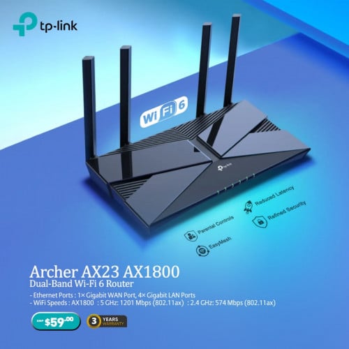 TP-Link Archer AX23 គឺជា Router ដែលនាំមកជាមួយនឹងបច្ចេកវិទ្យា Wi-Fi 6 ធ្វើឲ្យការប្រើប្រាស់អ៊ីនធឺណែត