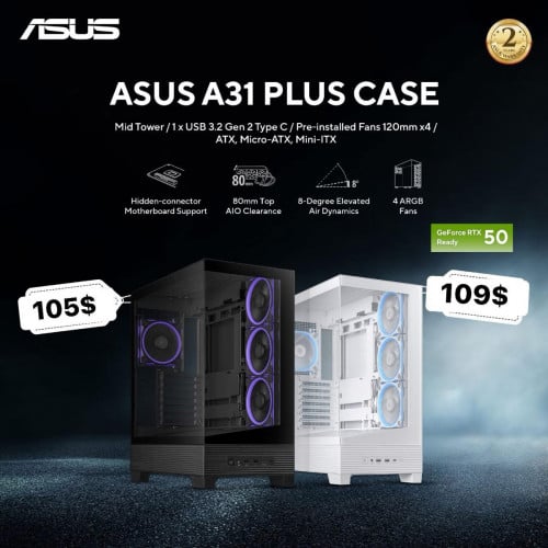 Case Destop Gaming Asus A31 Plsh  Black White អីវ៉ាន់មាននៅក្នុងស្តុកស្រាប់បងៗអាចធ្វើការកម្ម៉ង់បាន📩