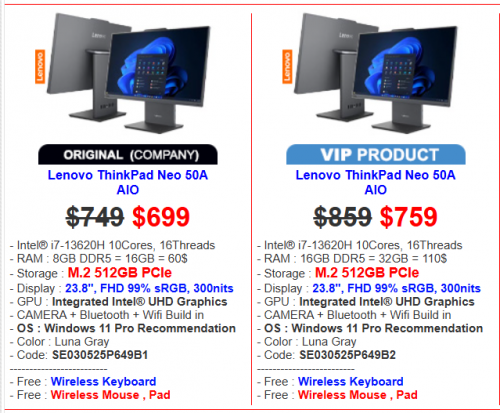 Lenovo ThinkPad Neo 50A AIO Price : $749 > $699