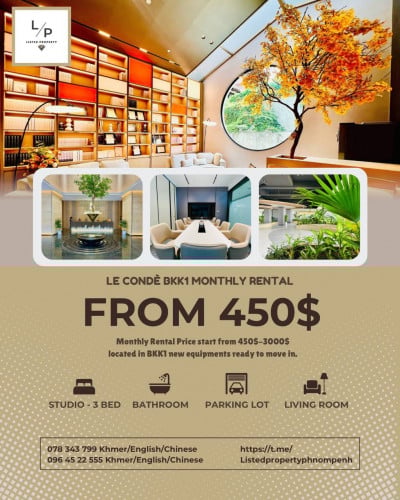 Newly completed condo for rent monthly bkk1