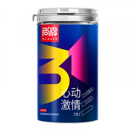 Elasun 3in1 Blue Condom ស្រោមអនាម័យគ្រើមឆ្នូតចំរុះ