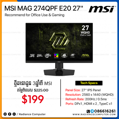 Monitor MSI MAG 274QPF E20 27inch IPS 2k 200Hz