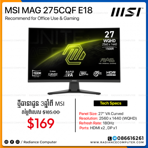 Monitor MSI MAG 275CQF E18 27inch WQHD 180Hz Curved