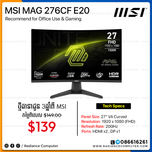 Monitor MSI MAG 276CF E20 27inch FHD 200Hz Curved