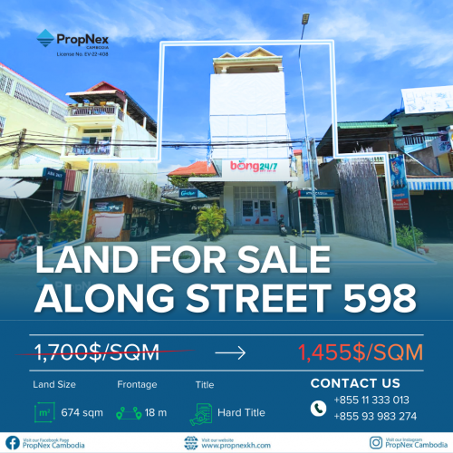 ដីលក់ក្រោមទីផ្សារ–តម្លៃពិសេស USD 1,455/ម៉ែត្រការ៉េ! បណ្តោយផ្លូវ 598