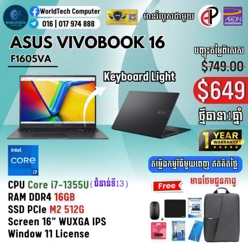 Vivobook 16  i7-1355U Ram 16G M2 512G 16" New=649$