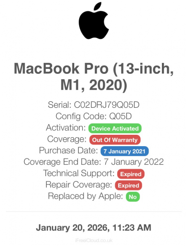 MacBook Pro M1 2020 ជាប់iCloud លក185$ អេក្រង់នៅស្អាត