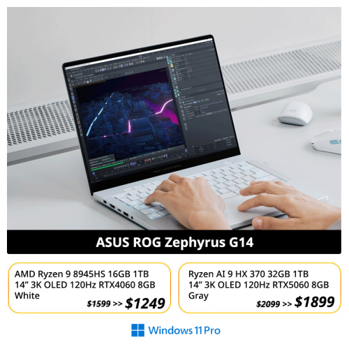 ASUS ROG Zephyrus G14 | slim !!​ R9 16GB 1TB 14inch 3K oled 120hz RTX4060 8GB , White