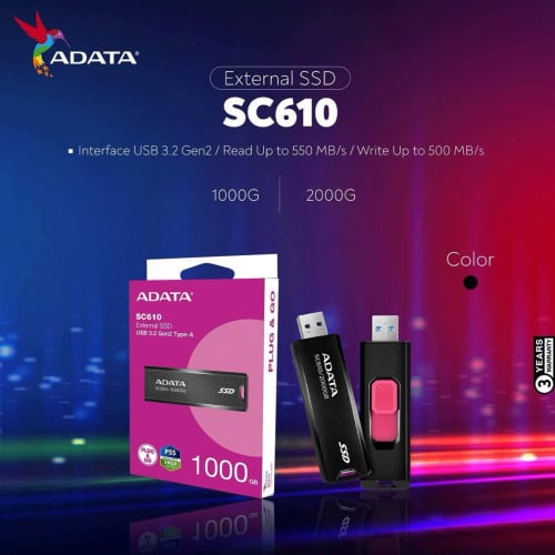 External SSD SC610 Brand Adata ថ្មីប្រអប់ អីវ៉ាន់មាននៅក្នុងស្តុកមានធានារយះពេល1ឆ្នាំពេញ 📩