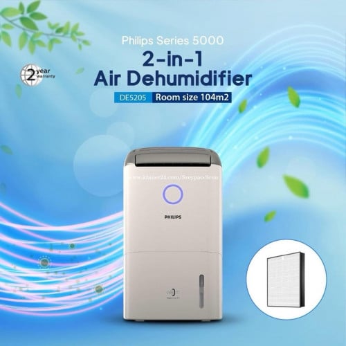 ម៉ាស៊ីនបន្សុទ្ធខ្យល់ បឺតសំណេីម Philips Air Purifier and Air Dehumidifier DE5205 Series 5000