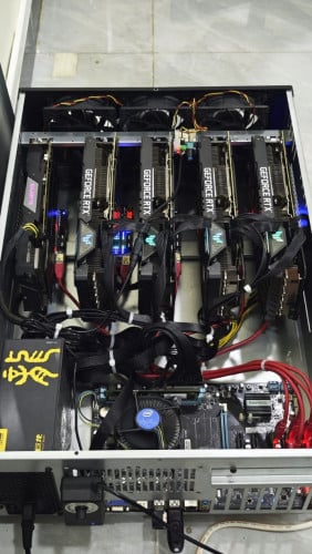 Mining Rig + Mining MBoard (core i3 6th + 4GB Ram) + High speed Fan x 6 + PS 2000w