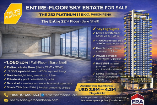 [Bare/Furnished] Entire-Floor Sky Estate of ~1,060 sqm for Sale at $3.32M-$4.2M in BKK1, Phnom Penh