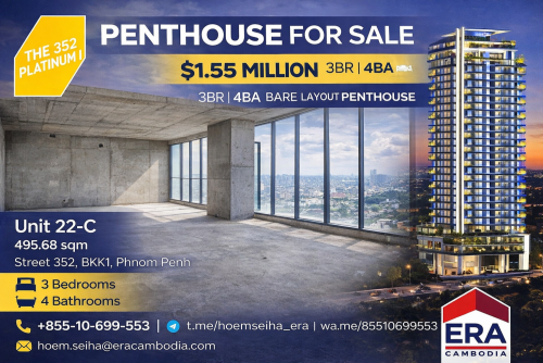 3BR 4Ba Penthouse [Bare Layout] with Private Sky Pool | 496 Sqm for $1.55M - BKK1, Phnom Penh