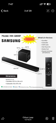Samsung Sound bar Model:HW-Q800F  (ឧបករណ៍បំពងសំឡេងស៊ូរបា) ម៉ាក Samsung